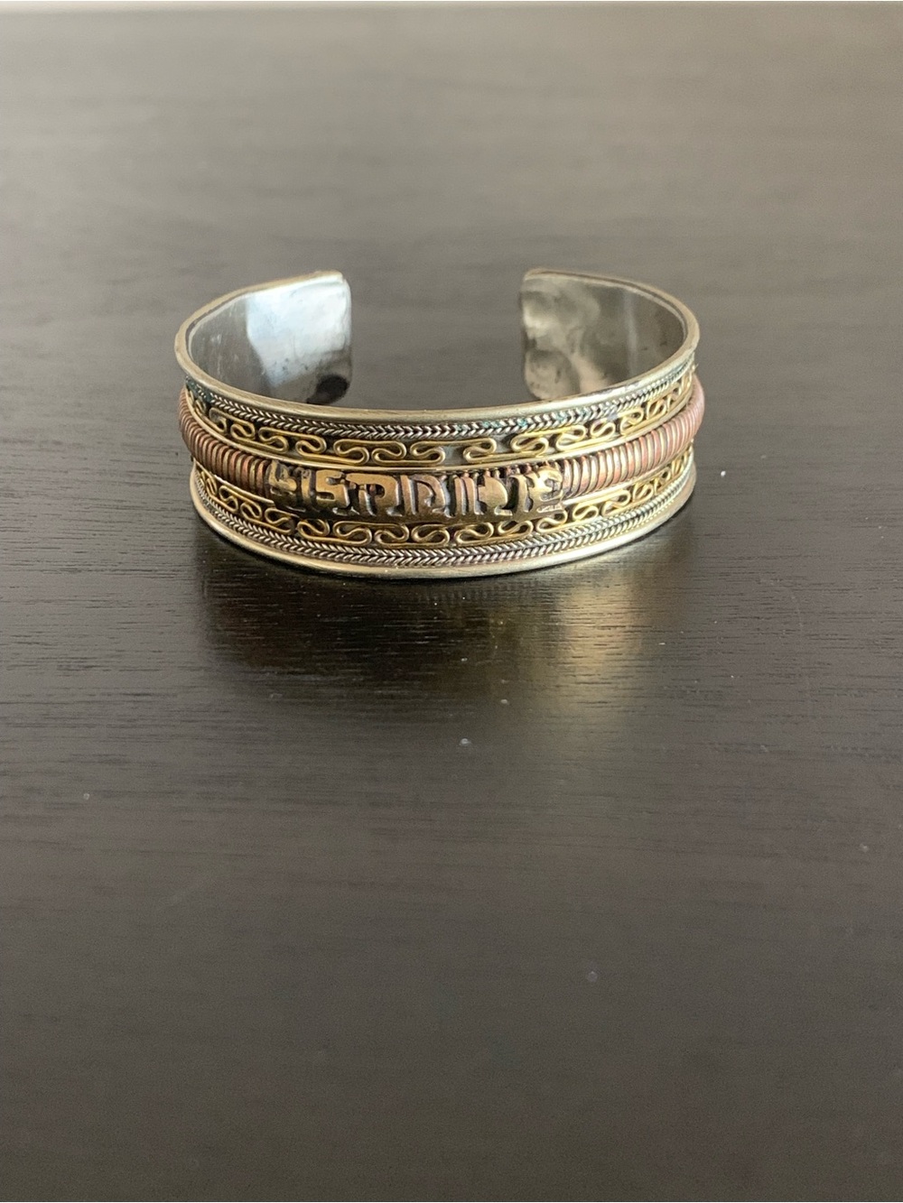 Vtg Mixed Metal Cuff Bracelet Brass Copper Tibetan Buddhist Mantra of Compassion